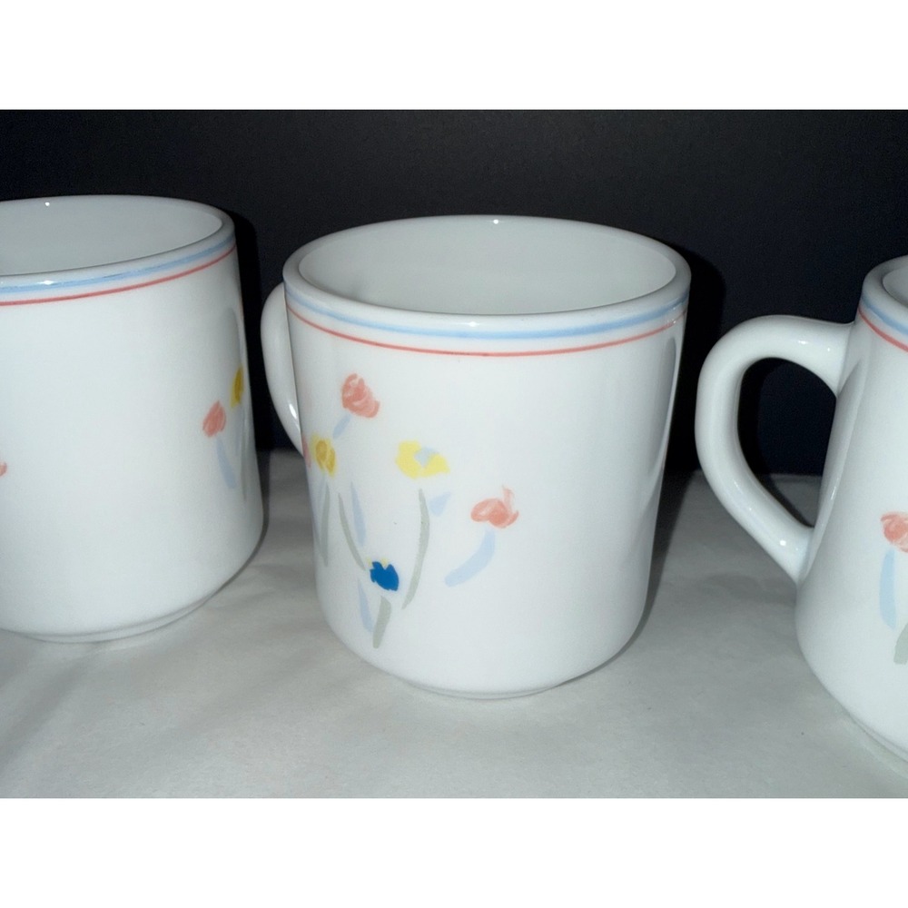 Vintage Arcopal Coffee Mugs Set of 6 White Floral Milkglass flowers Pink & Blue